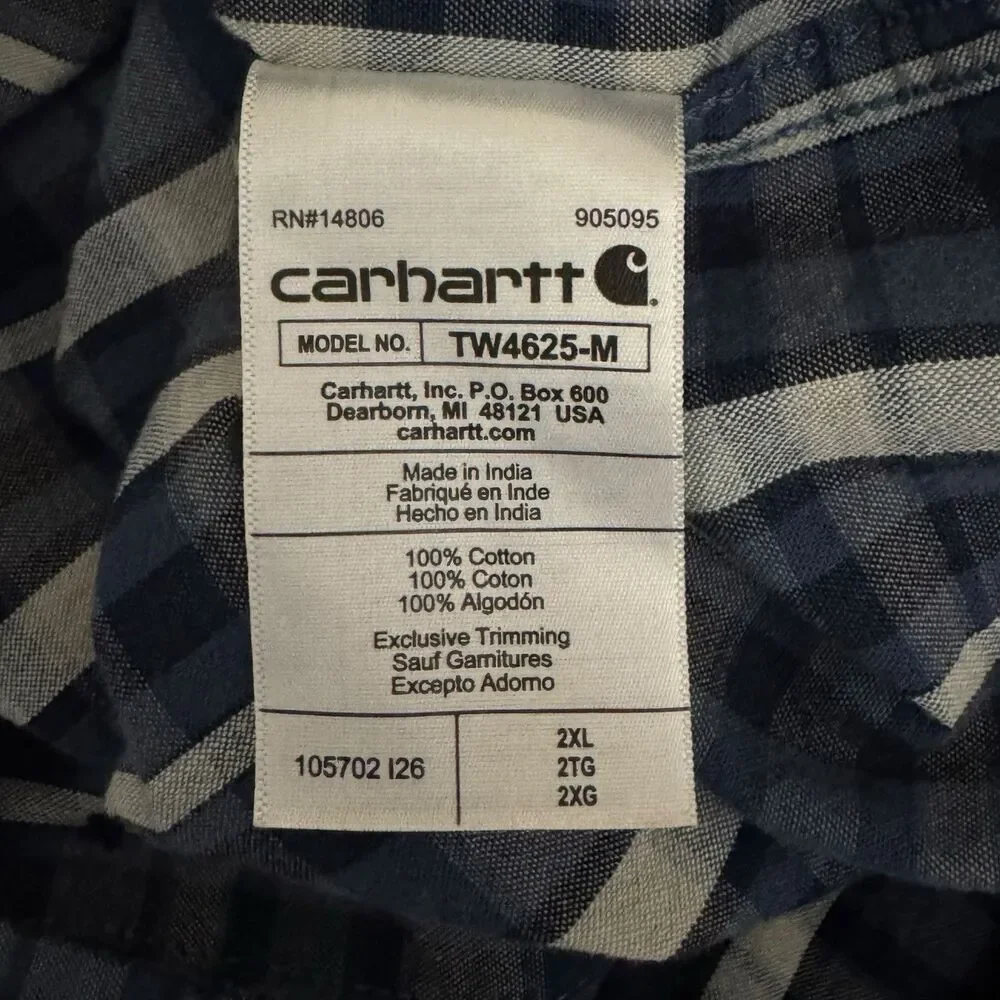 Carhartt Men 2XL Loose Fit Blue Plaid Button Down Shirt Short Sleeve Workwear - Picture 8 of 9